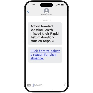A text message shows what steps need to be taken on a workers' comp claim