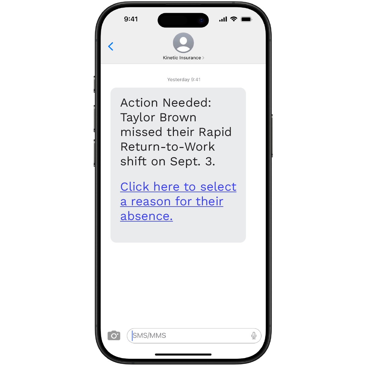 A text message shows what steps need to be taken on a workers' comp claim
