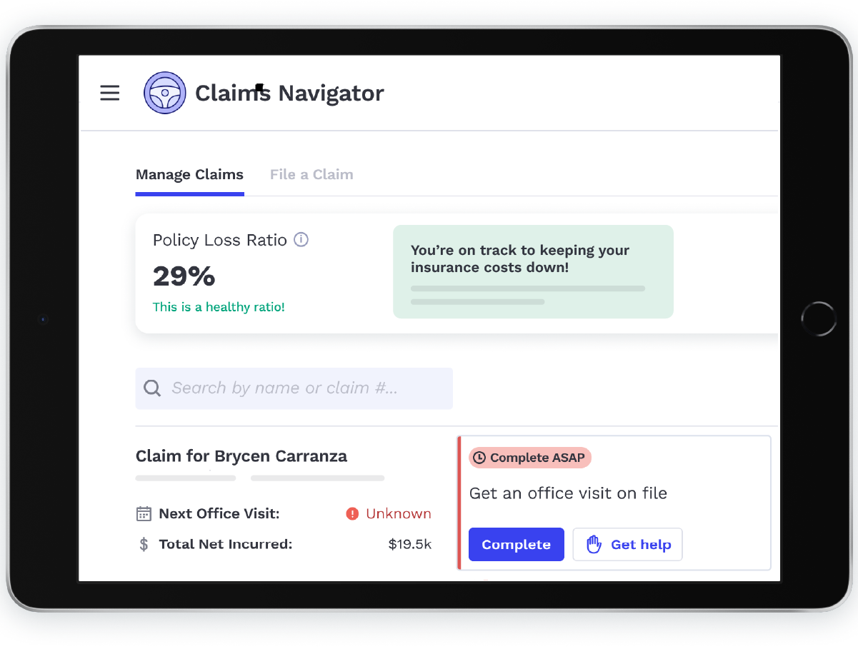 Claims Intelligence system shows loss ratio and next best actions for a workers' comp claim Claims Intelligence system shows loss ratio and next best actions for a workers' comp claim