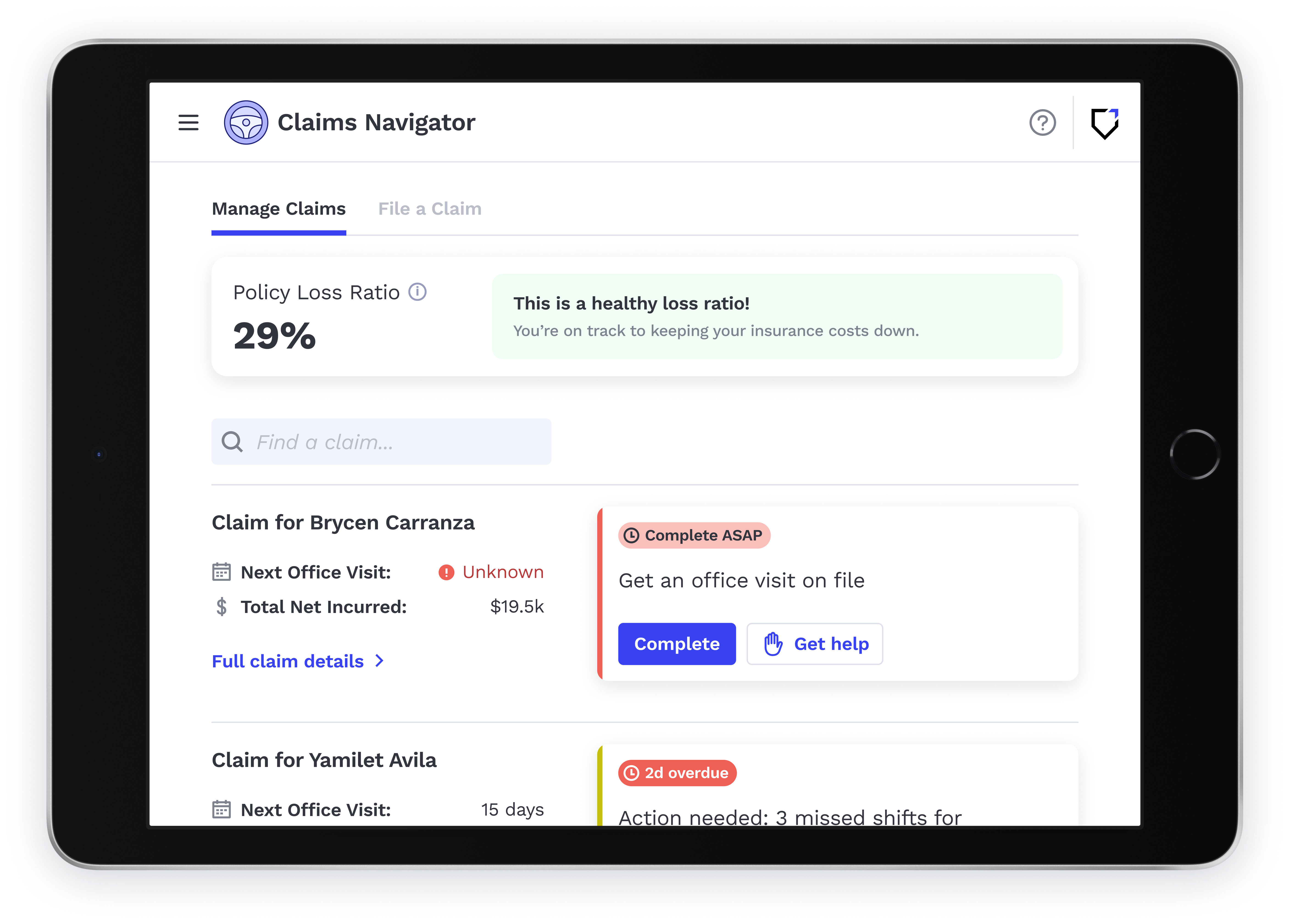 Claims Intelligence system shows loss ratio and next best actions for a workers' comp claim